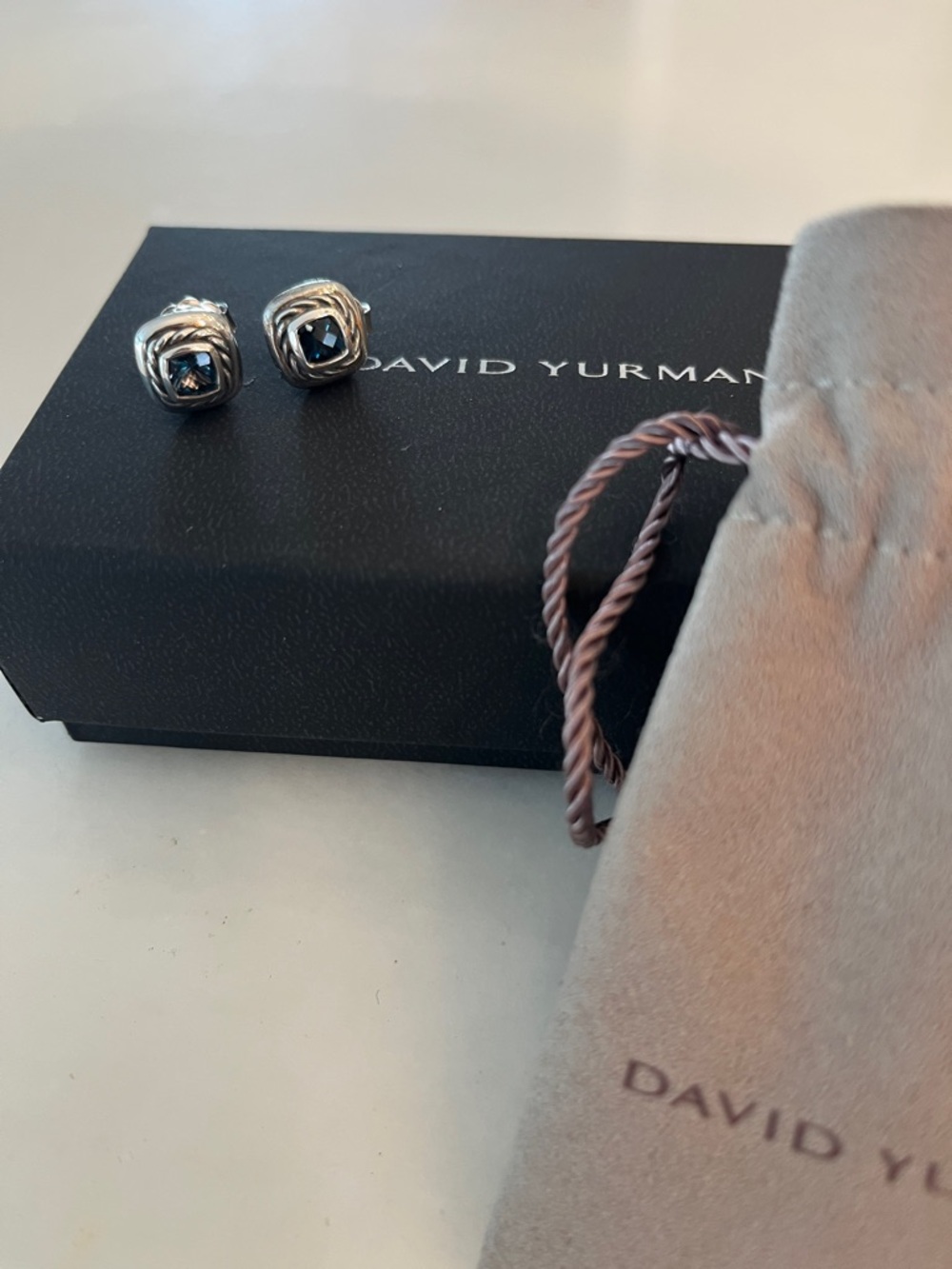 David Yurman Petite Sterling Silver Stud Earrings with Blue Topaz - Picture 4 of 6